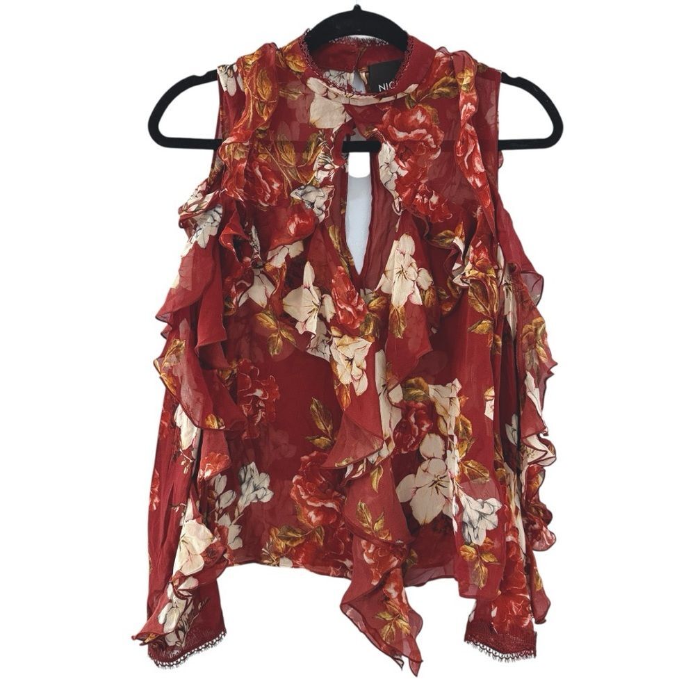 NICHOLAS Celeste Cold Shoulder Silk Blouse Ruffle Floral Dark Romantic Maroon 2
